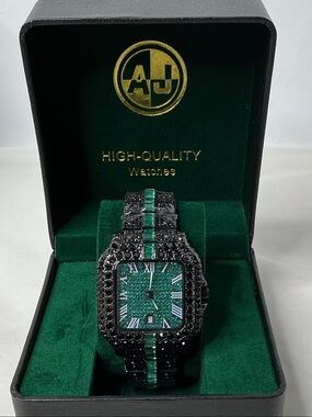 Men's Black Crystal VVS CZ Bracelet Watch with Green Dial, With Box